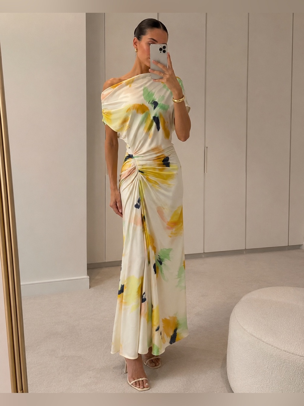 A.L.C One Shoulder Abstract Print Ruched Maxi Dress Size 4 Multicolor Silk Blend